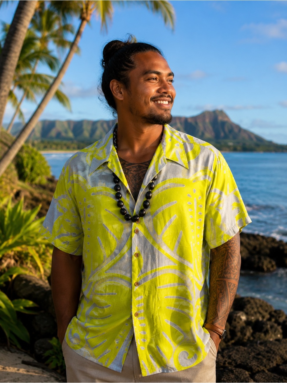 Lauhala Lime Green and Grey Hawaiian Print Short-Sleeve Shirt